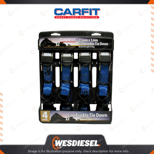 Carfit 25MM X 3.6M Cambuckle Tie Down Strap Set Of 4 - Blue Webbing