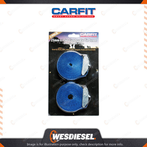 Carfit 25MM X 3.6M Heavy Duty Cambuckle Cinch Strap Set Of 2 - Blue Webbing